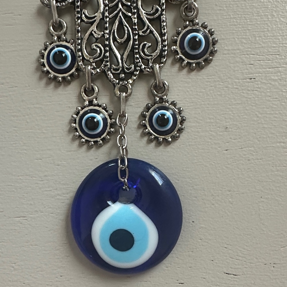 Ornate Silver Hamsa Wall Decor with Blue Accent - Picture 4 of 5